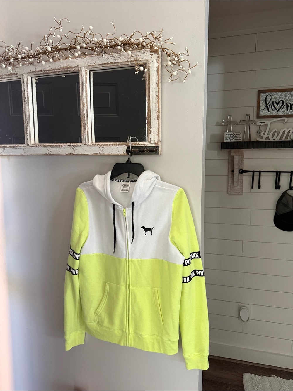 PINK Victoria's Secret Neon Yellow & White Colorblock Zip Hoodie